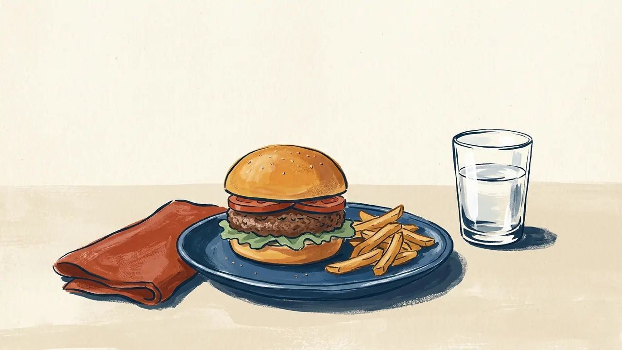 Hamburguesa con patatas en un plato azul junto a un vaso de agua y un paño.