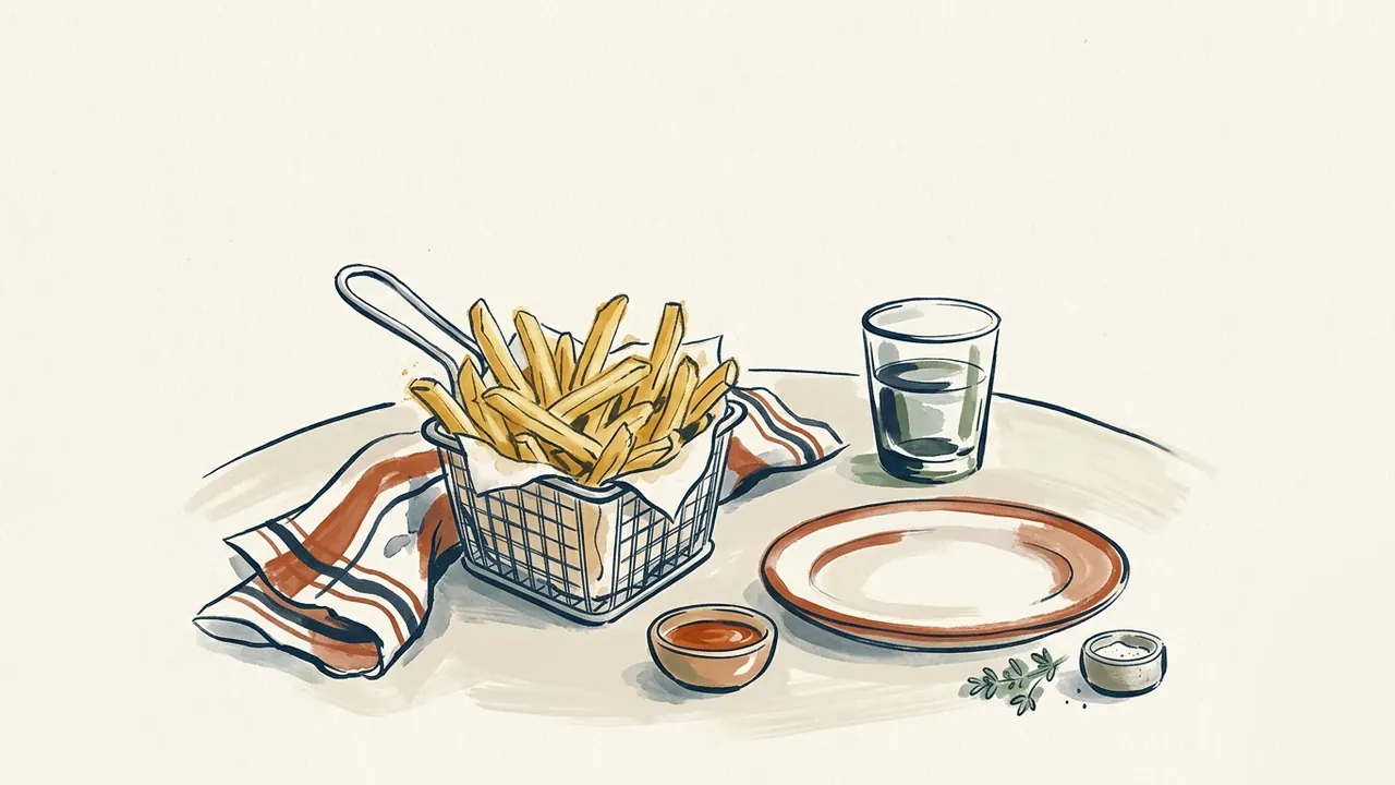Una cesta de patatas fritas doradas junto a un plato, un vaso de agua y pequeños cuencos.