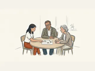 Tres personas adultas conversan alrededor de un plano de un parque durante una reunión vecinal.