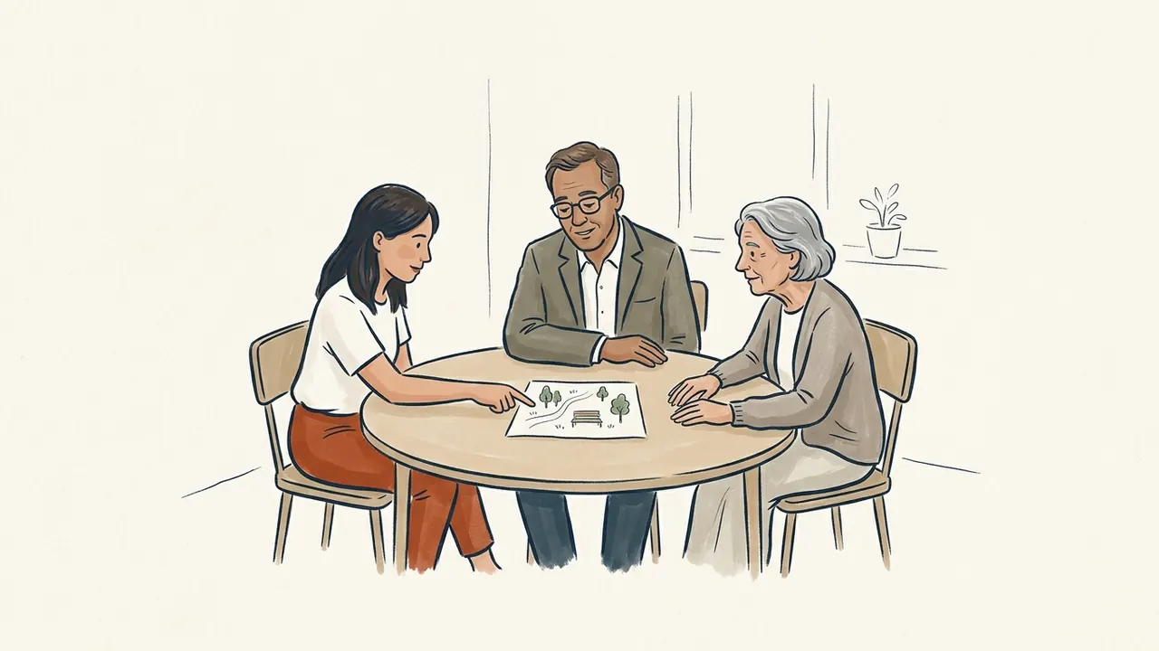 Tres personas adultas conversan alrededor de un plano de un parque durante una reunión vecinal.