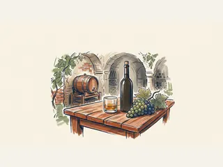 Una botella sin etiqueta y un vaso con líquido ámbar aparecen junto a uvas, con una barrica al fondo.