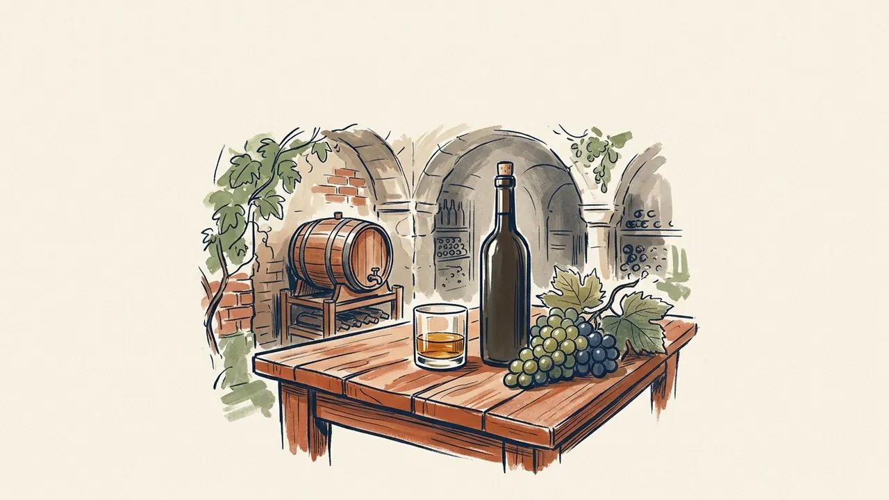 Una botella sin etiqueta y un vaso con líquido ámbar aparecen junto a uvas, con una barrica al fondo.