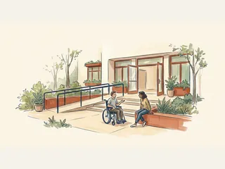 Dos personas conversan junto a la entrada de un centro comunitario con escaleras y una rampa accesible.