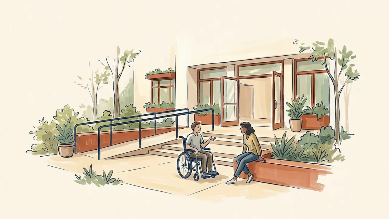Dos personas conversan junto a la entrada de un centro comunitario con escaleras y una rampa accesible.