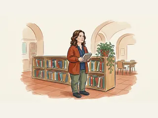 Mujer adulta de talla baja con un libro entre las manos en una biblioteca.