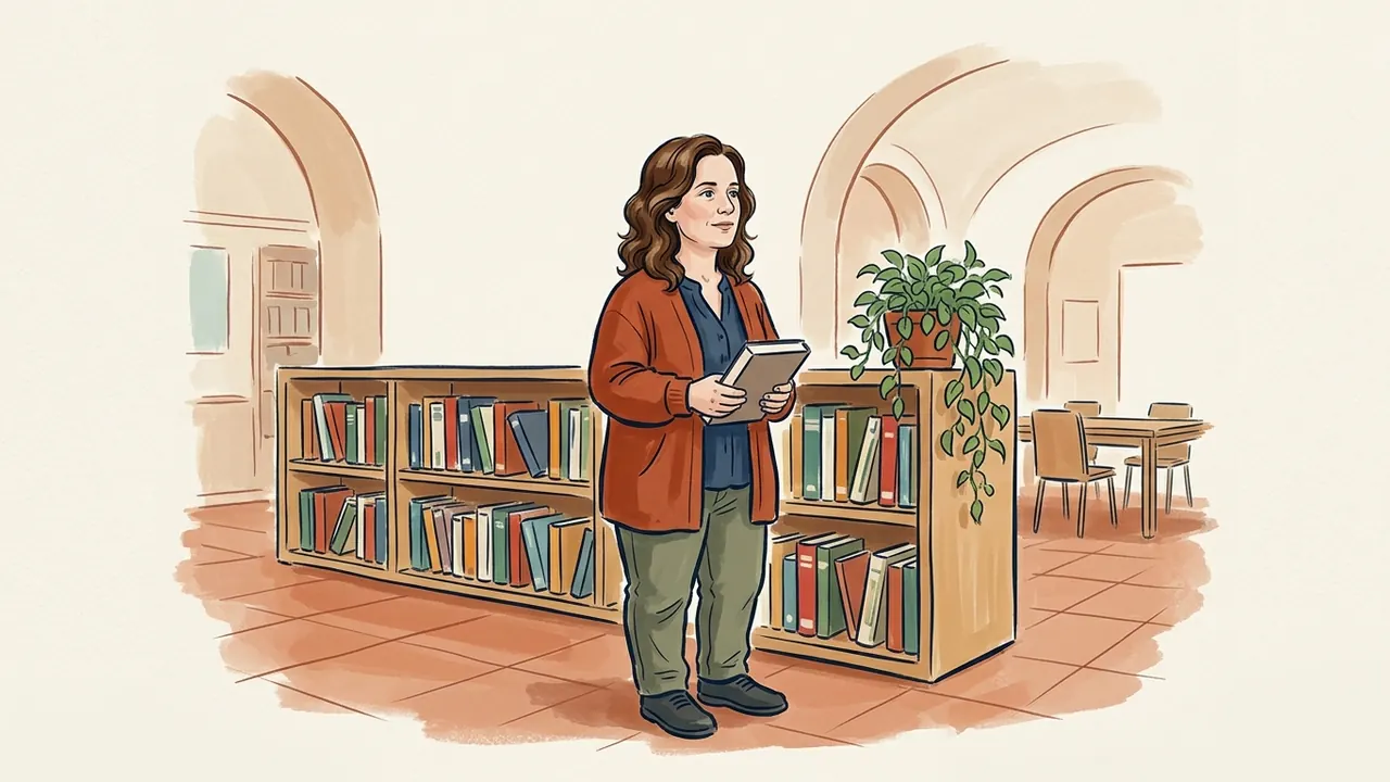 Mujer adulta de talla baja con un libro entre las manos en una biblioteca.