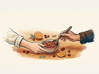 Dos manos preparan un condimento de arándanos rojos y naranja en un cuenco.