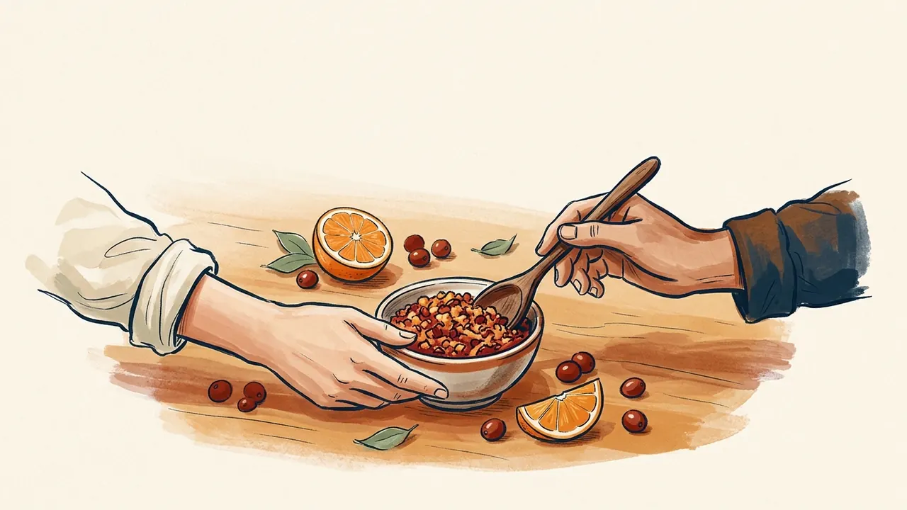 Dos manos preparan un condimento de arándanos rojos y naranja en un cuenco.