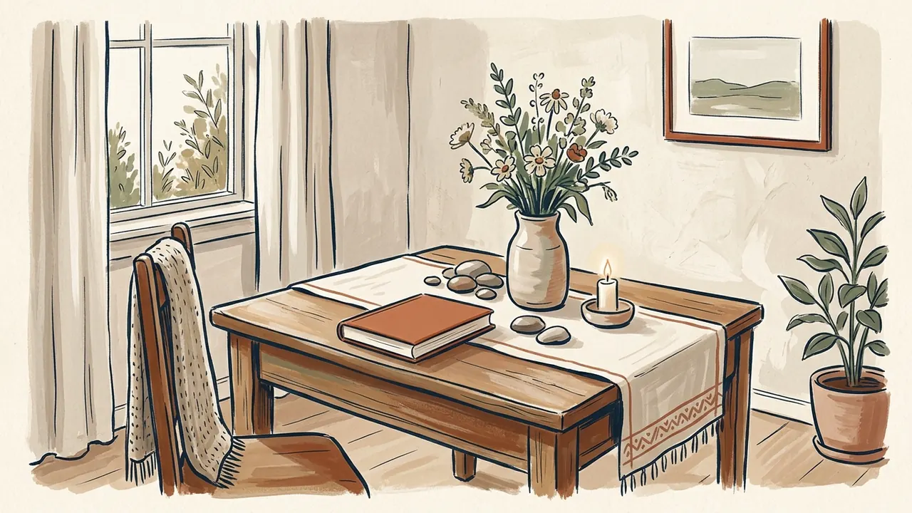Flores, piedras lisas, una vela y un libro cerrado sobre una mesa de recuerdo.