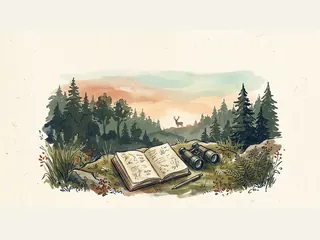 Un cuaderno de campo y unos prismáticos reposan ante un bosque con un ciervo a lo lejos.