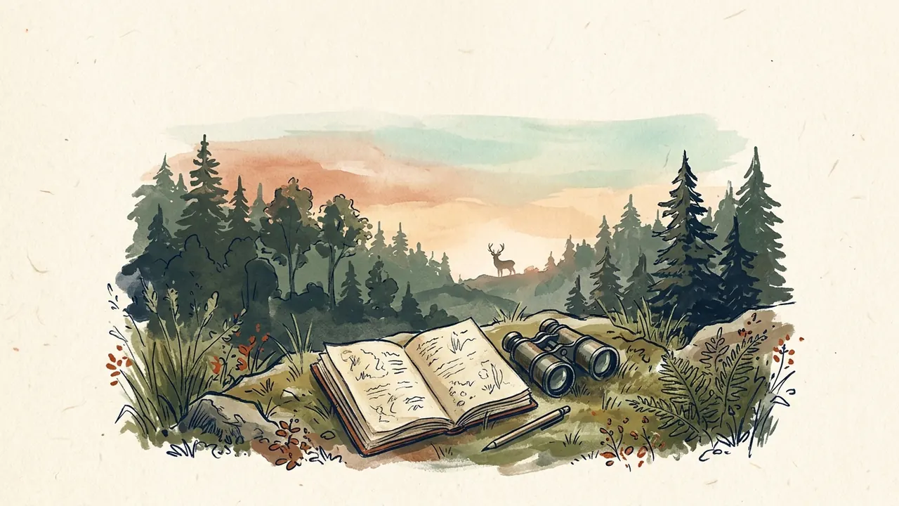 Un cuaderno de campo y unos prismáticos reposan ante un bosque con un ciervo a lo lejos.