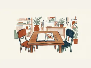 Un cuaderno de dibujos y un lápiz sobre una mesa entre dos sillas en un taller.