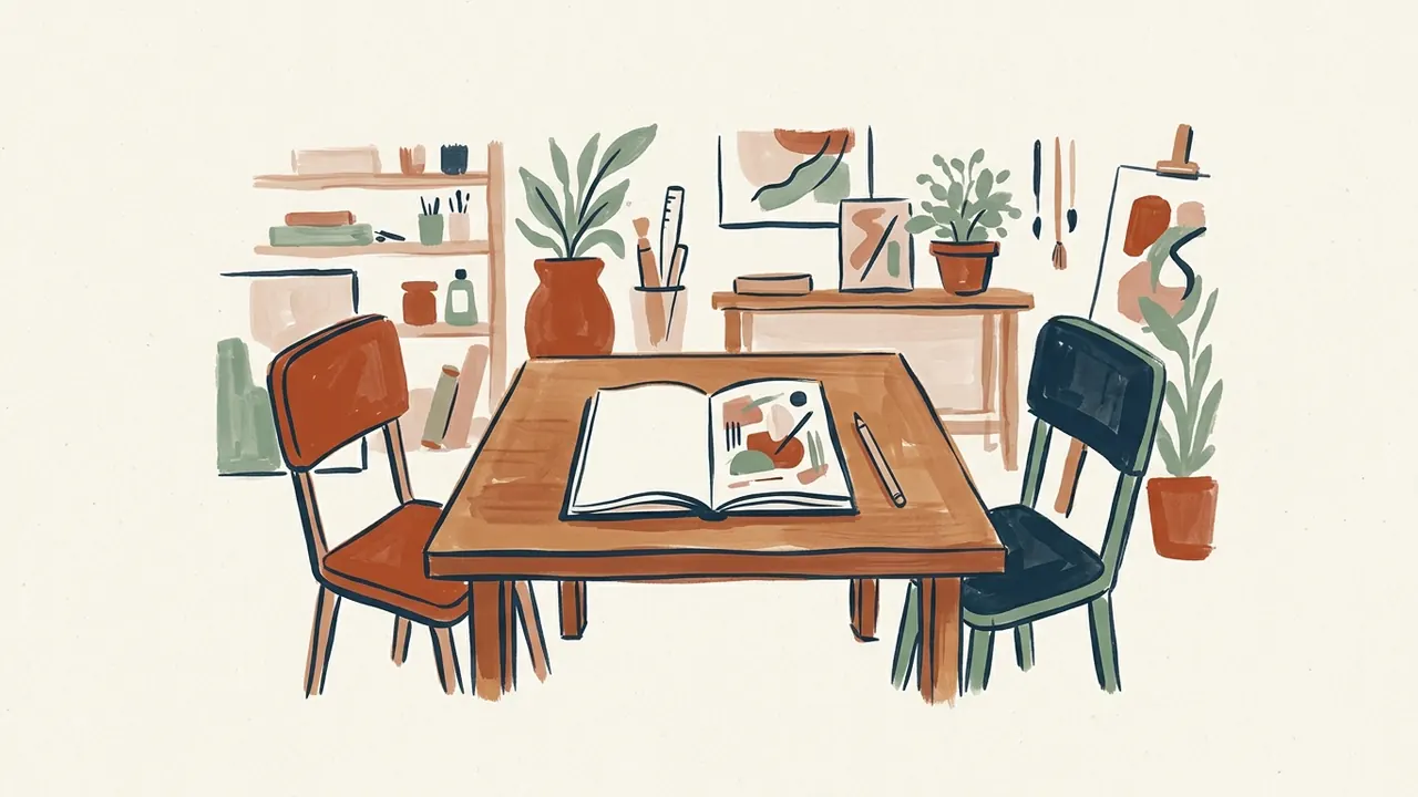 Un cuaderno de dibujos y un lápiz sobre una mesa entre dos sillas en un taller.