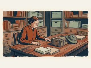 Una persona adulta observa un baúl pequeño y un sombrero antiguo en un archivo ficticio.