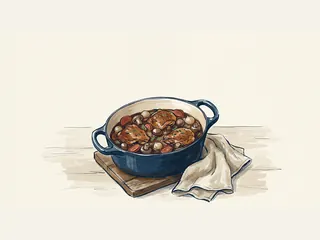 Cazuela de coq au vin con pollo, champiñones, cebollitas y zanahorias.