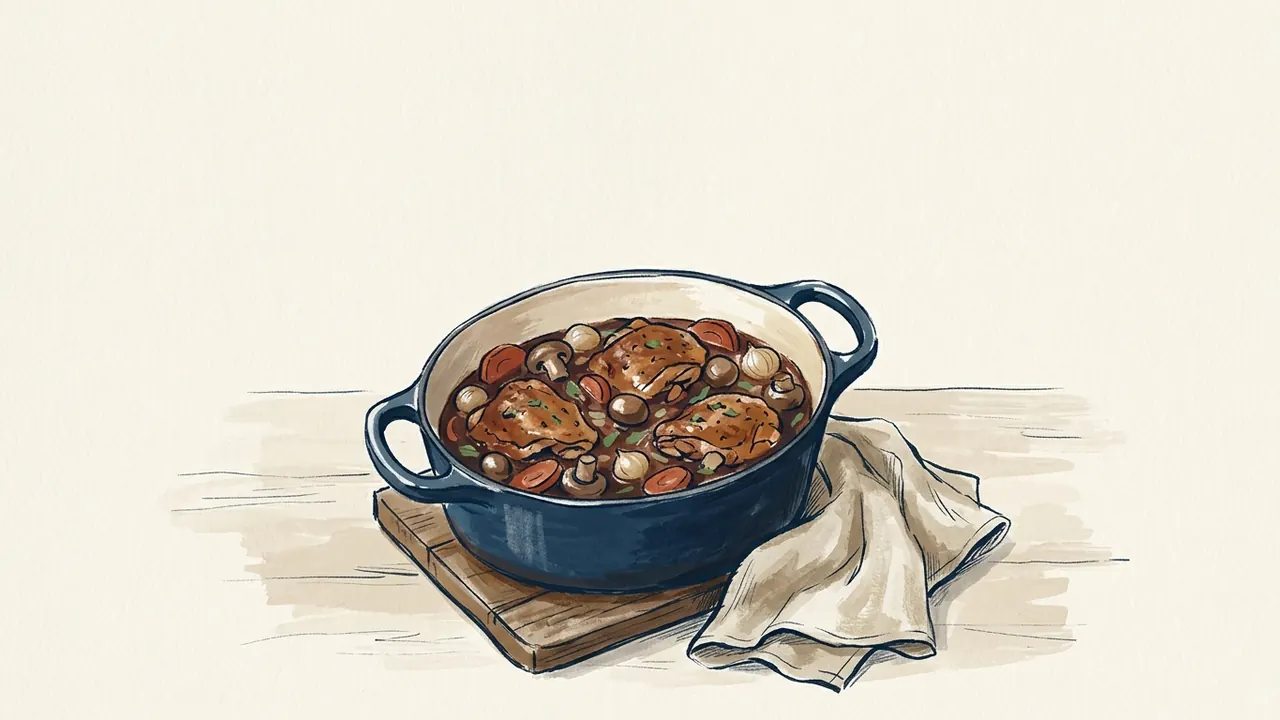 Cazuela de coq au vin con pollo, champiñones, cebollitas y zanahorias.
