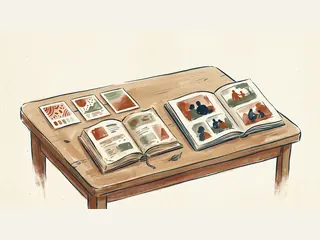 Una mesa de biblioteca reúne libros y un álbum de recuerdos familiares ilustrados.
