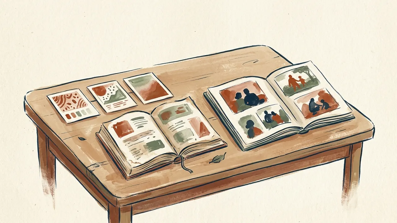 Una mesa de biblioteca reúne libros y un álbum de recuerdos familiares ilustrados.