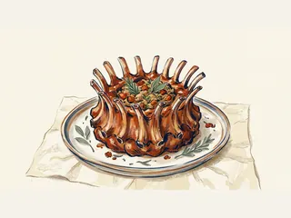 Una corona de costillas asadas con relleno y hierbas se sirve en una fuente redonda.