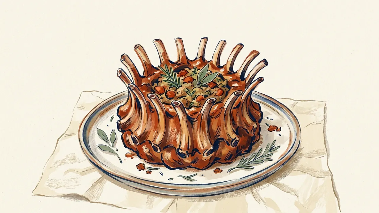 Una corona de costillas asadas con relleno y hierbas se sirve en una fuente redonda.