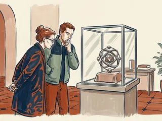 Dos personas contemplan una pieza metálica geométrica en una vitrina.