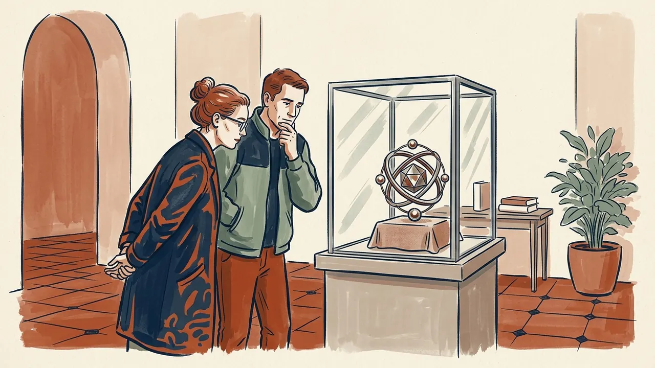 Dos personas contemplan una pieza metálica geométrica en una vitrina.