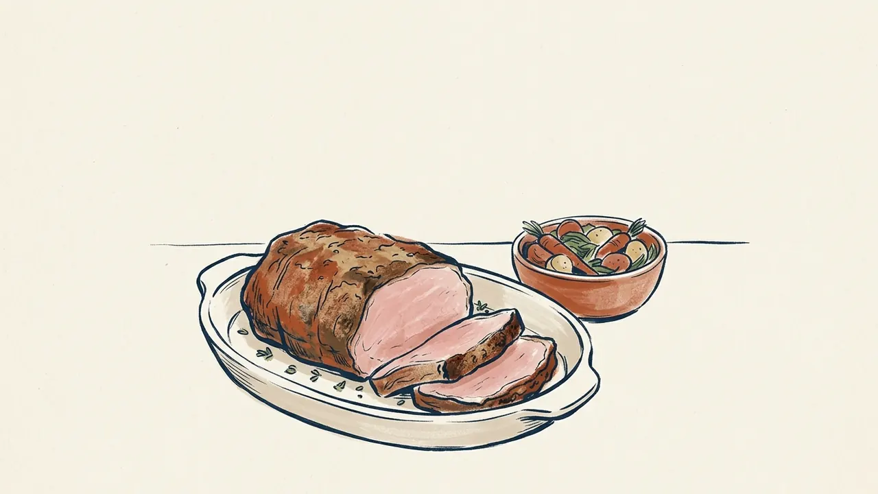 Asado de vacuno con dos lonchas sobre una fuente y un cuenco de verduras.