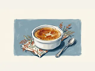 Una crème brûlée con costra de caramelo quebrada se sirve en un cuenco de cerámica junto a una cucharilla.