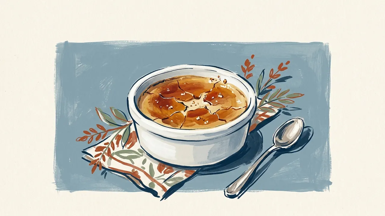 Una crème brûlée con costra de caramelo quebrada se sirve en un cuenco de cerámica junto a una cucharilla.