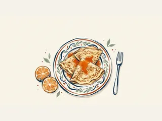 Tres crepes doblados con salsa de naranja en un plato decorado, junto a dos mitades de naranja y un tenedor.
