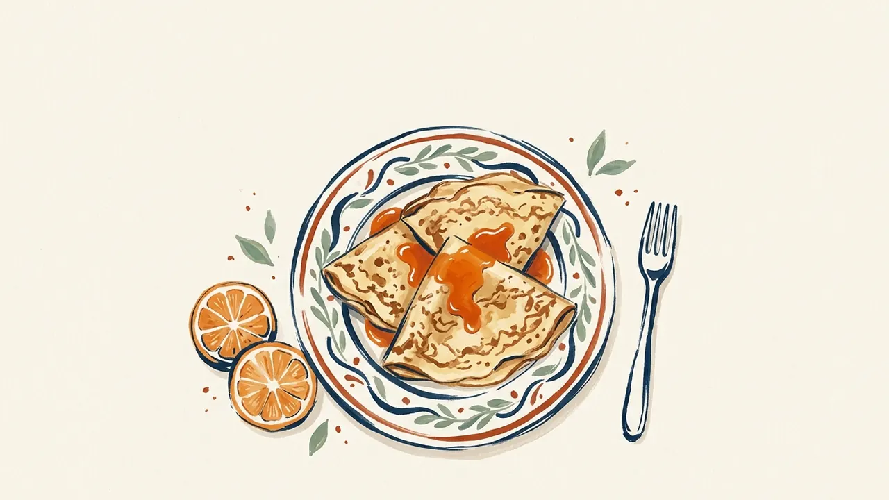 Tres crepes doblados con salsa de naranja en un plato decorado, junto a dos mitades de naranja y un tenedor.