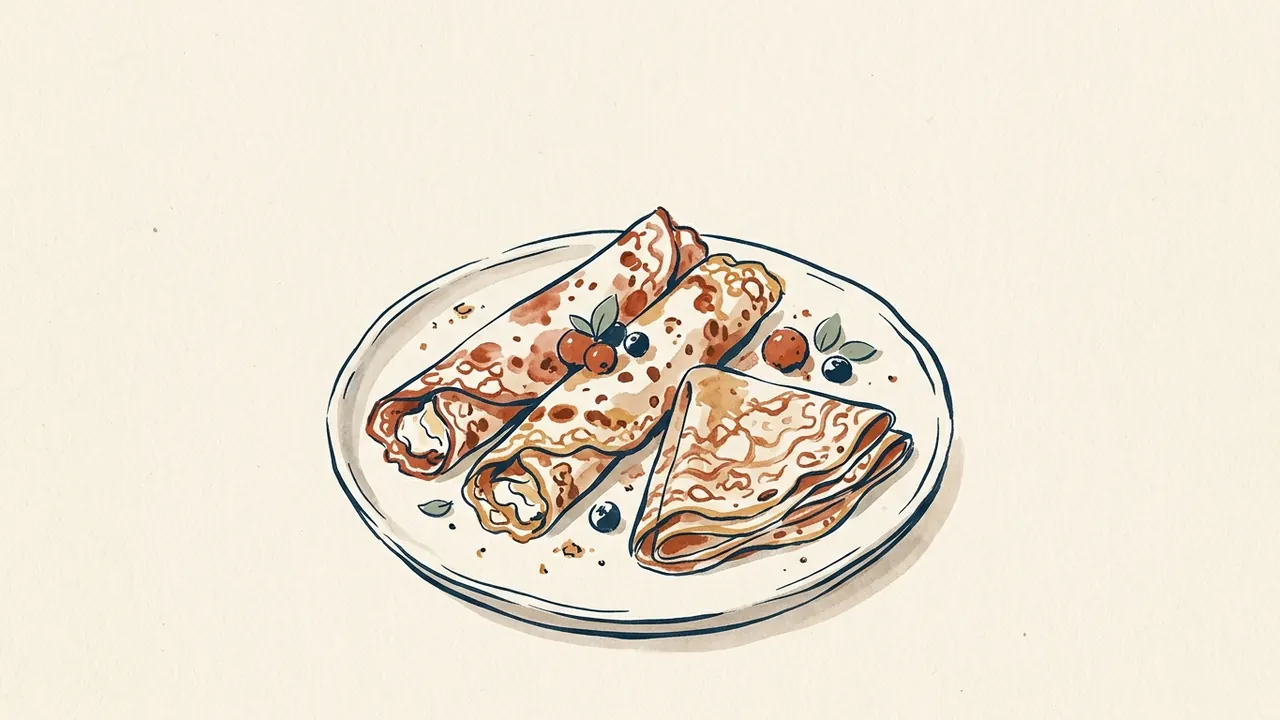 Crepes finas enrolladas y plegadas, con crema y frutas sobre un plato.