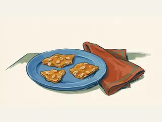 Tres fragmentos de crocante de cacahuete en un plato azul.