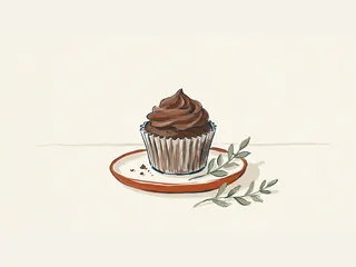 Cupcake de chocolate con cobertura en espiral sobre un plato.