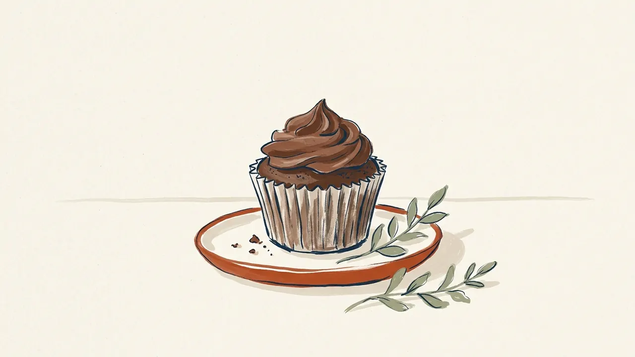 Cupcake de chocolate con cobertura en espiral sobre un plato.
