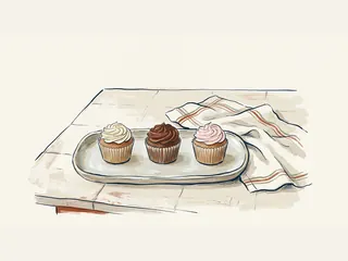 Tres cupcakes con coberturas de vainilla, chocolate y rosa sobre una bandeja.