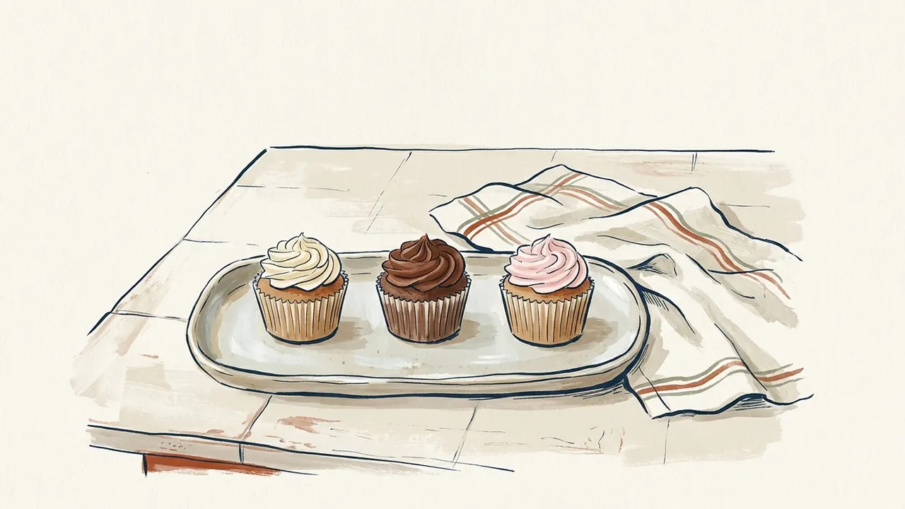 Tres cupcakes con coberturas de vainilla, chocolate y rosa sobre una bandeja.