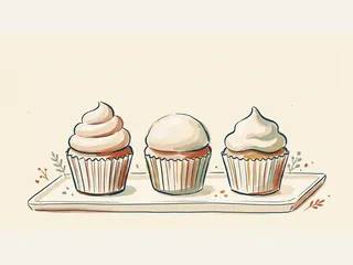 Tres cupcakes de vainilla con distintas coberturas claras sobre una bandeja.