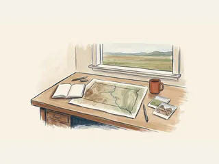 Un mapa ilustrado, un cuaderno y dos fotografías de paisaje reposan sobre una mesa frente a una pradera.