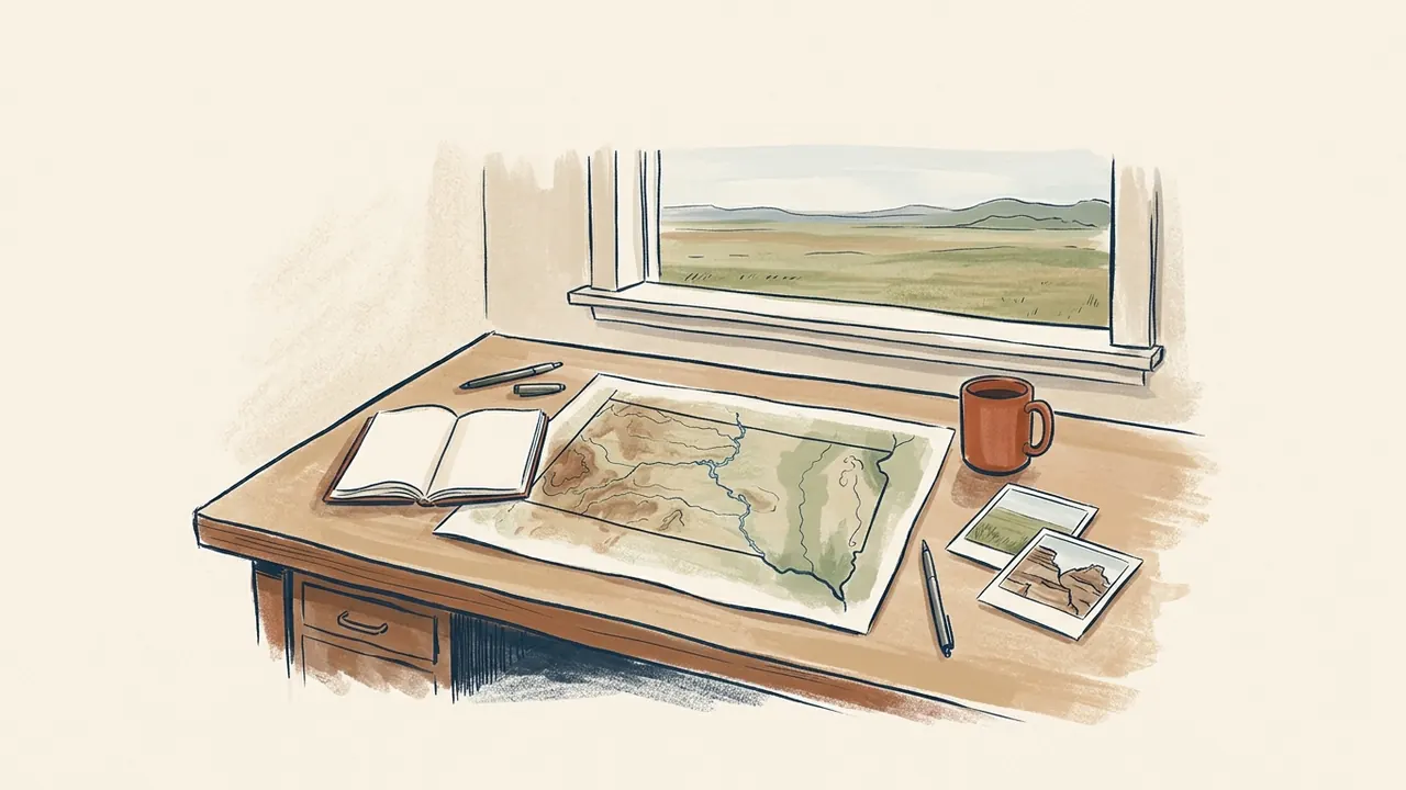 Un mapa ilustrado, un cuaderno y dos fotografías de paisaje reposan sobre una mesa frente a una pradera.