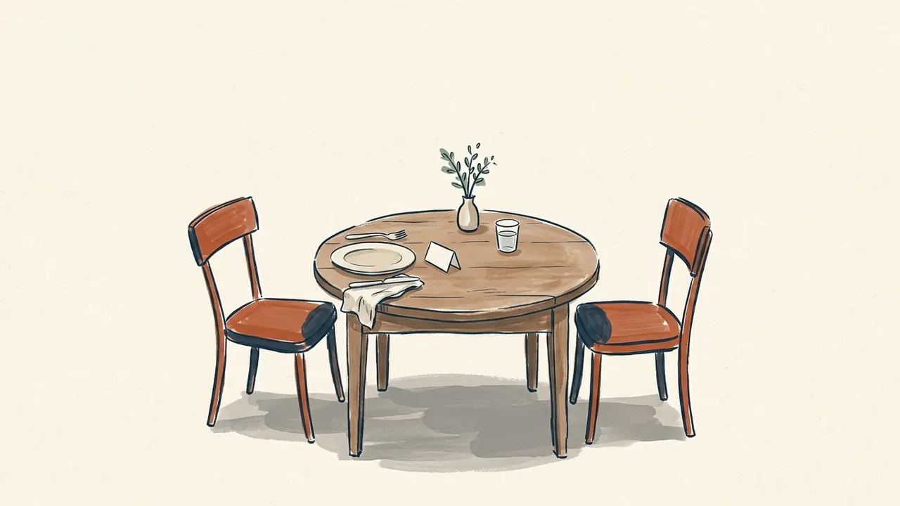 Una mesa de almuerzo preparada con dos sillas, un plato, un vaso y una tarjeta sin texto.