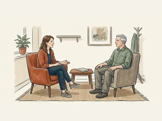 Dos adultos conversando con atención en una sala comunitaria.