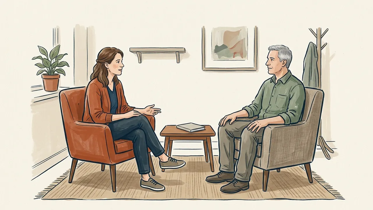 Dos adultos conversando con atención en una sala comunitaria.