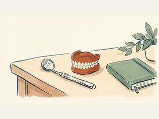 Un espejo dental y un modelo de dentadura descansan sobre una mesa junto a un libro cerrado.