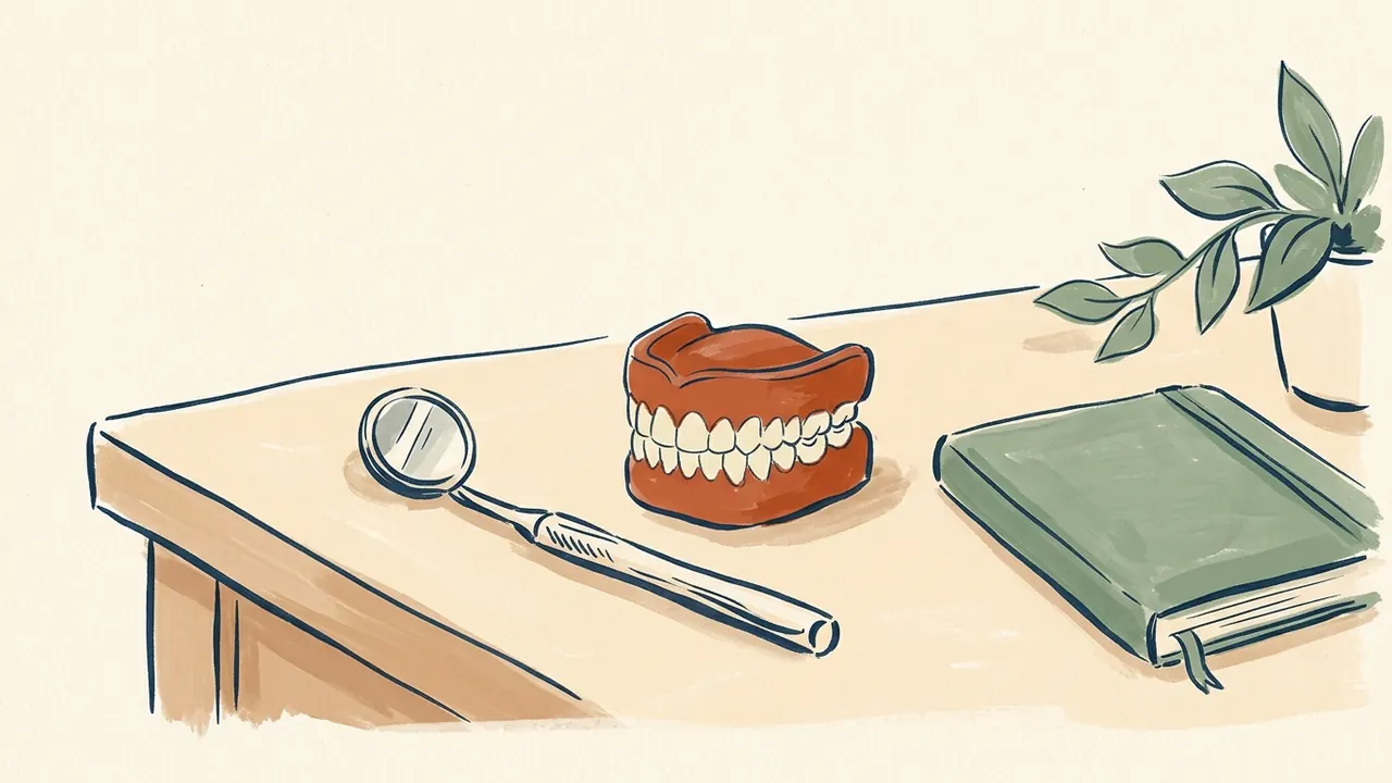 Un espejo dental y un modelo de dentadura descansan sobre una mesa junto a un libro cerrado.