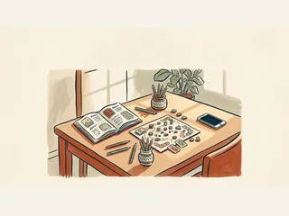 Un escritorio reúne un libro, lápices y un juego de mesa junto a un teléfono con la pantalla apagada.
