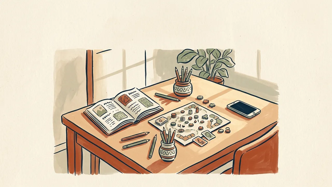 Un escritorio reúne un libro, lápices y un juego de mesa junto a un teléfono con la pantalla apagada.