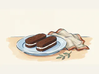 Dos pastelitos alargados de chocolate con crema blanca sobre un plato azul.