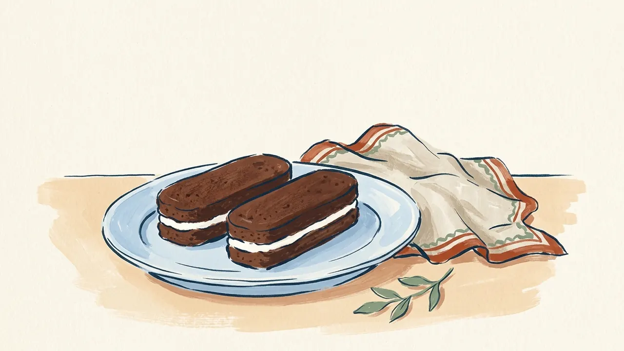 Dos pastelitos alargados de chocolate con crema blanca sobre un plato azul.