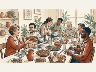 Un grupo de adultos comparte platos caseros y conversa alrededor de una mesa.